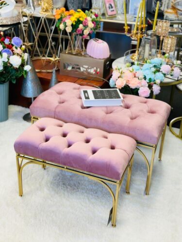 2 x piece Tufted metal benches L2 pink velvet/footstool set seat - Picture 19 of 20