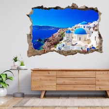 Santorini Island Greece Blue Dome 3d Smashed View Wall Sticker Poster Decal A600