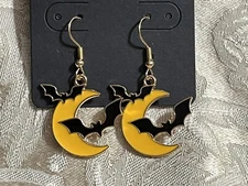Vintage Crescent Moon Bats Halloween Gold Dangle Bohemian Casual Fun Earrings