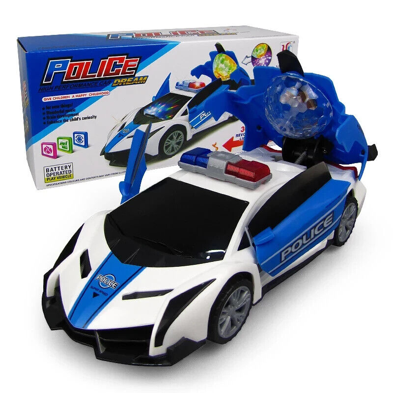 Robot Police Car Transformers Toy Lights Sounds Bump and Go Action