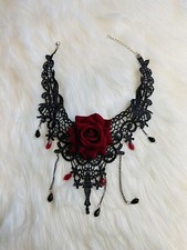 Red Rose Flower Choker Necklace Gothic Victorian Black Lace New