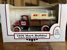 Vintage 1990 Ertl 1926 Mack Bulldog Ace Hardware Truck Bank w/ Crates NIB