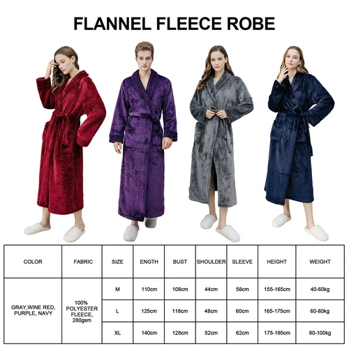 Flannel BathRobe Long Soft Spa Male Bath Robe Shawl Collar Sleepwear Women & Men - Picture 8 of 30