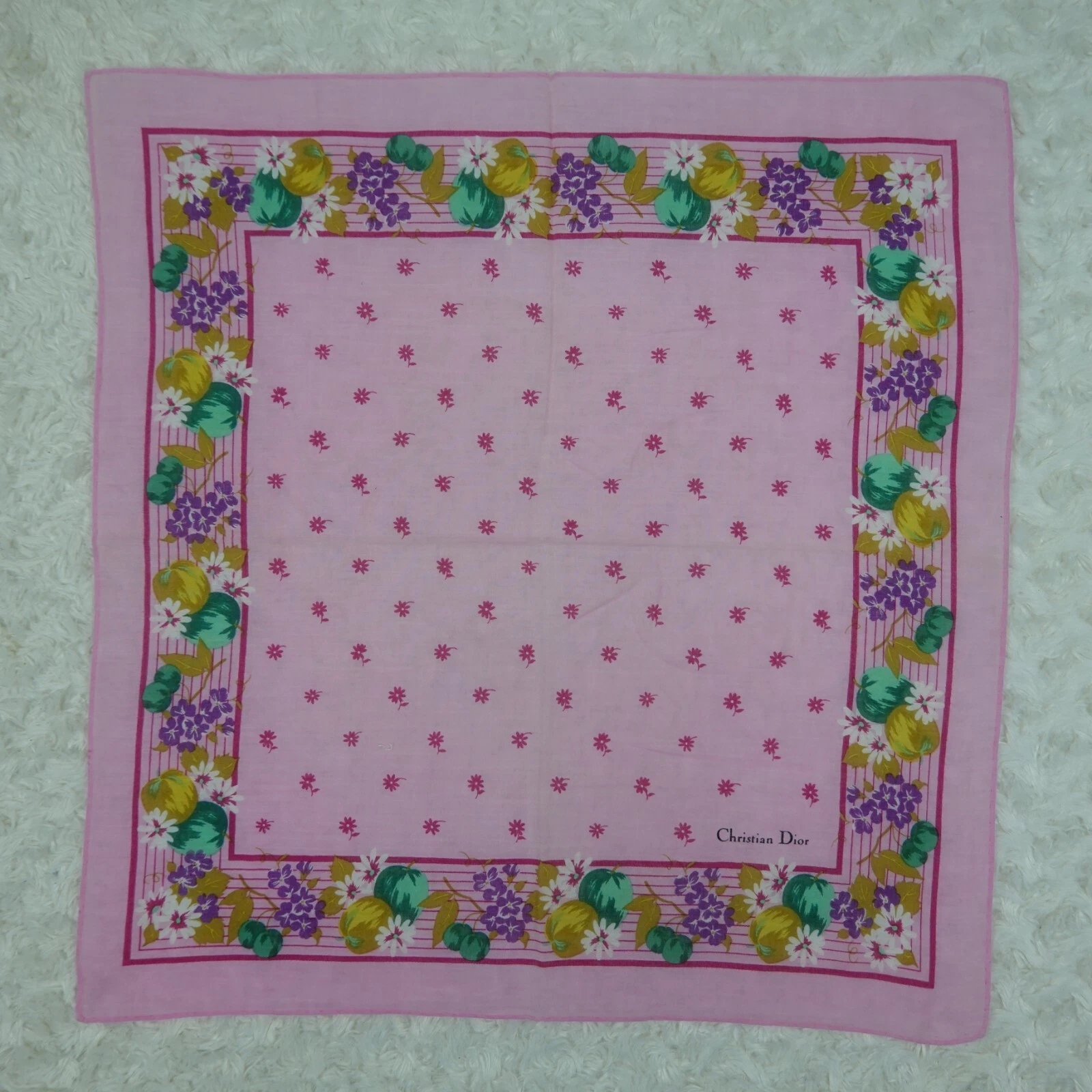 N904 CHRISTIAN DIOR écharpe coton rose fleur foulards poche carré 17