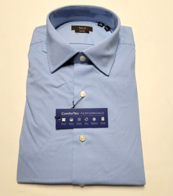 $155 New TED Astor Button Dress Shirt Men LARGE 16.5 32/33 Blue NYLON Comfortex