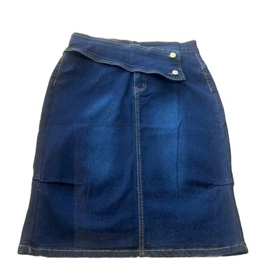 Jean Pencil Skirt Women's  Size 10 Blue Stretch Comfort Faux Belt, Double Button