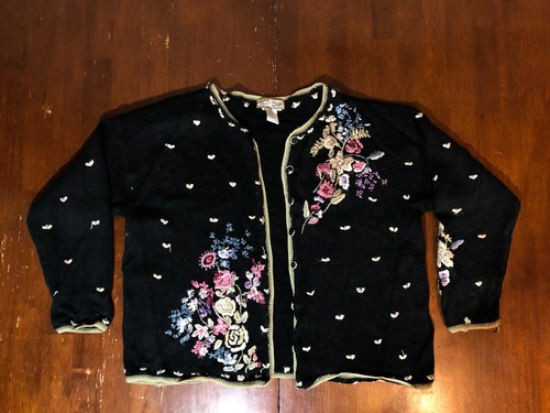VTG Heirloom Collectibles Cardigan Sweater Small Black Cotton Embroidered