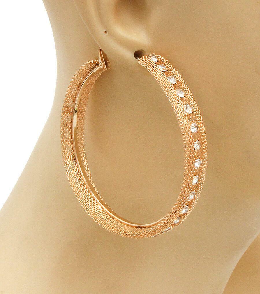Hoop Earrings Metal Rhinestone Mesh Leverback GOLD 2.5