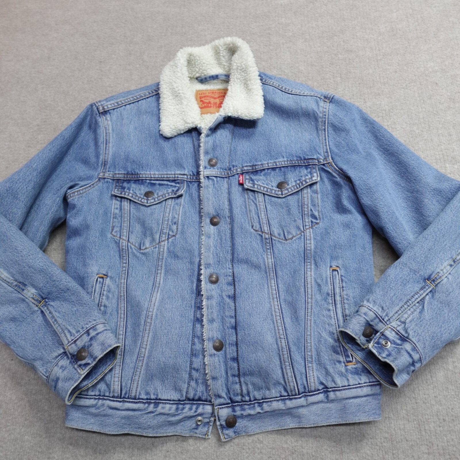 Levi's Jacket Small Blue Denim Trucker Sherpa Lined Snap Front