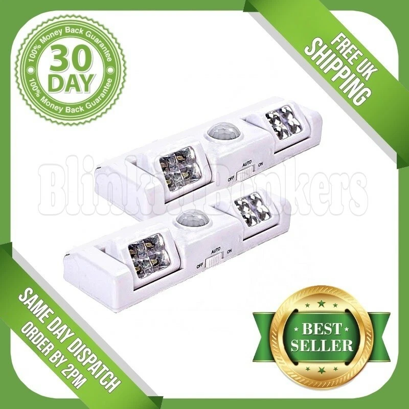 TWO PIR MOTION SENSOR LIGHTS 8 LED AUTOMATIC GARAGE SHED LAMP BATTERY POWERED