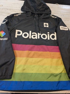 Polaroid Windbreaker Jacket Zip Rainbow Retro Black 320 Land Camera Hood XL