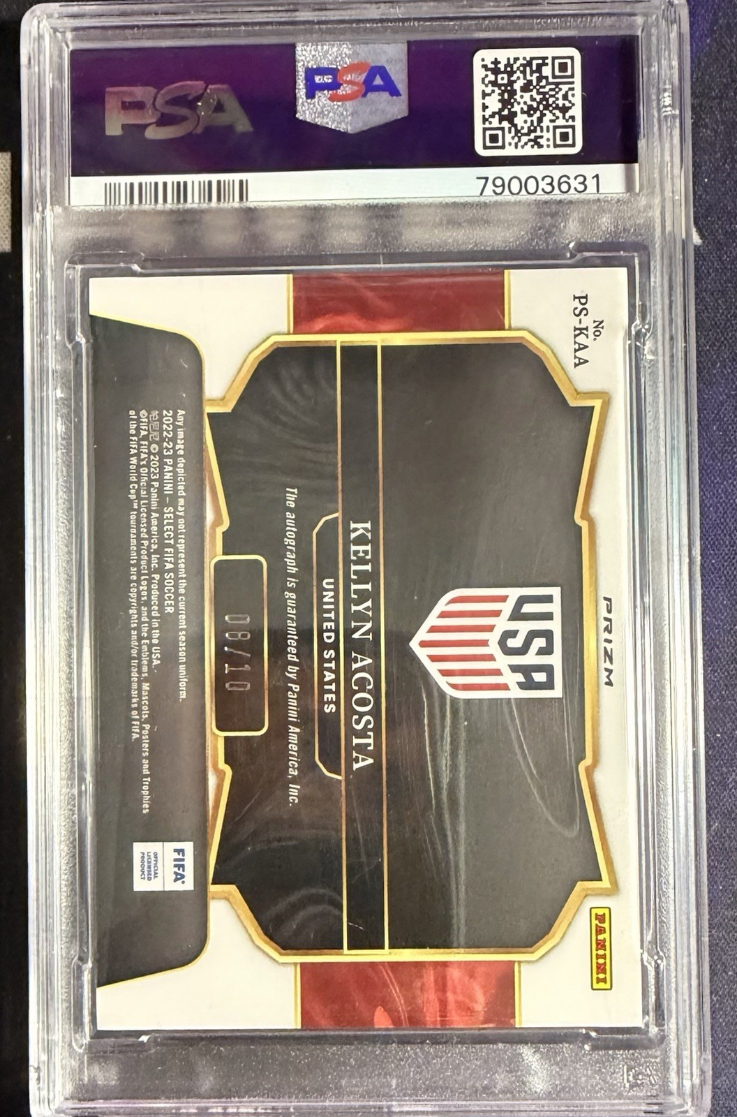 2022-23 Panini Select FIFA Kellyn Acosta Pitchside Auto Gold Prizm 8/10 PSA 10 view 2