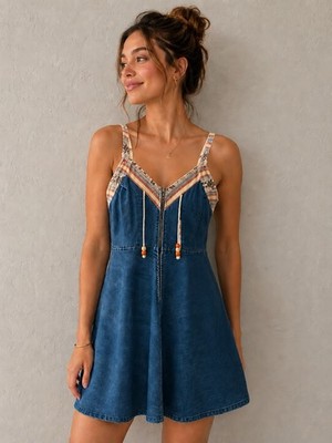 Vintage OOPS California Denim Boho Mini Dress Festival Western XS *READ*