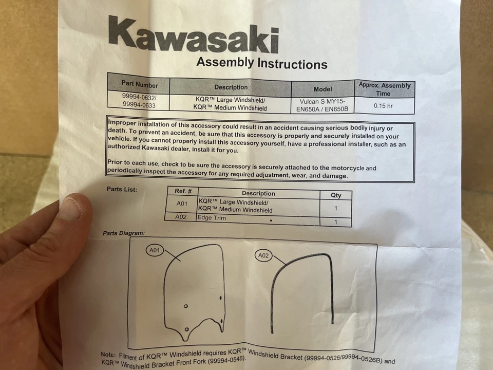 KQR 2015-2023 KAWASAKI VULCAN S 650 KQR PARABRISAS GRANDE 99994-0632 Foto 3 de 3