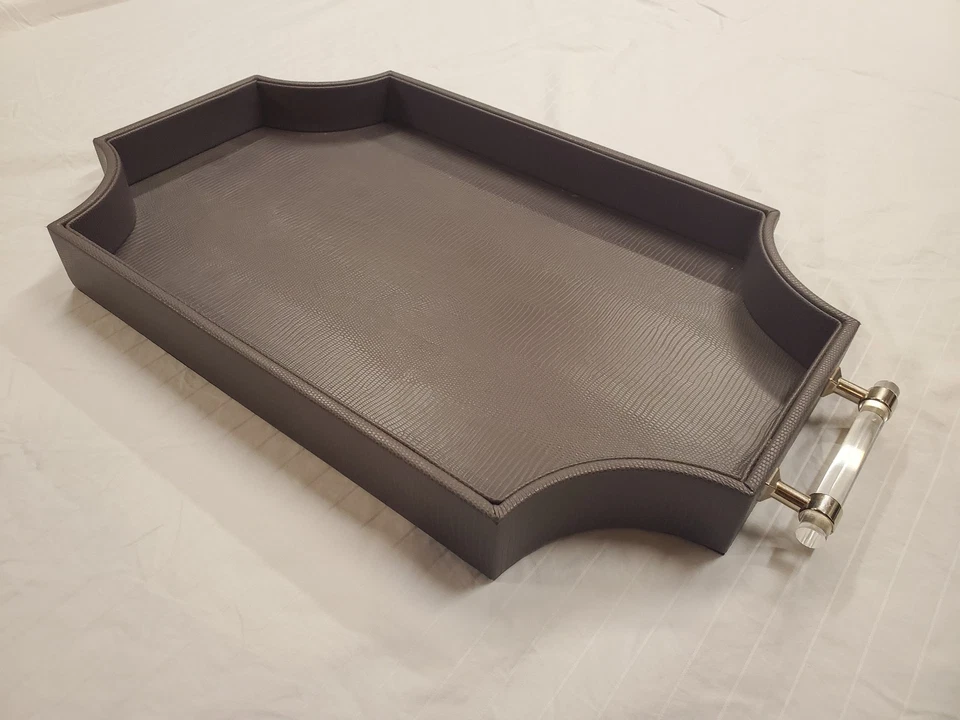 Regency Decorative Gray Rectangle Tray with Nickel Acrylic Handles Vegan Leather - Image 2 of 4