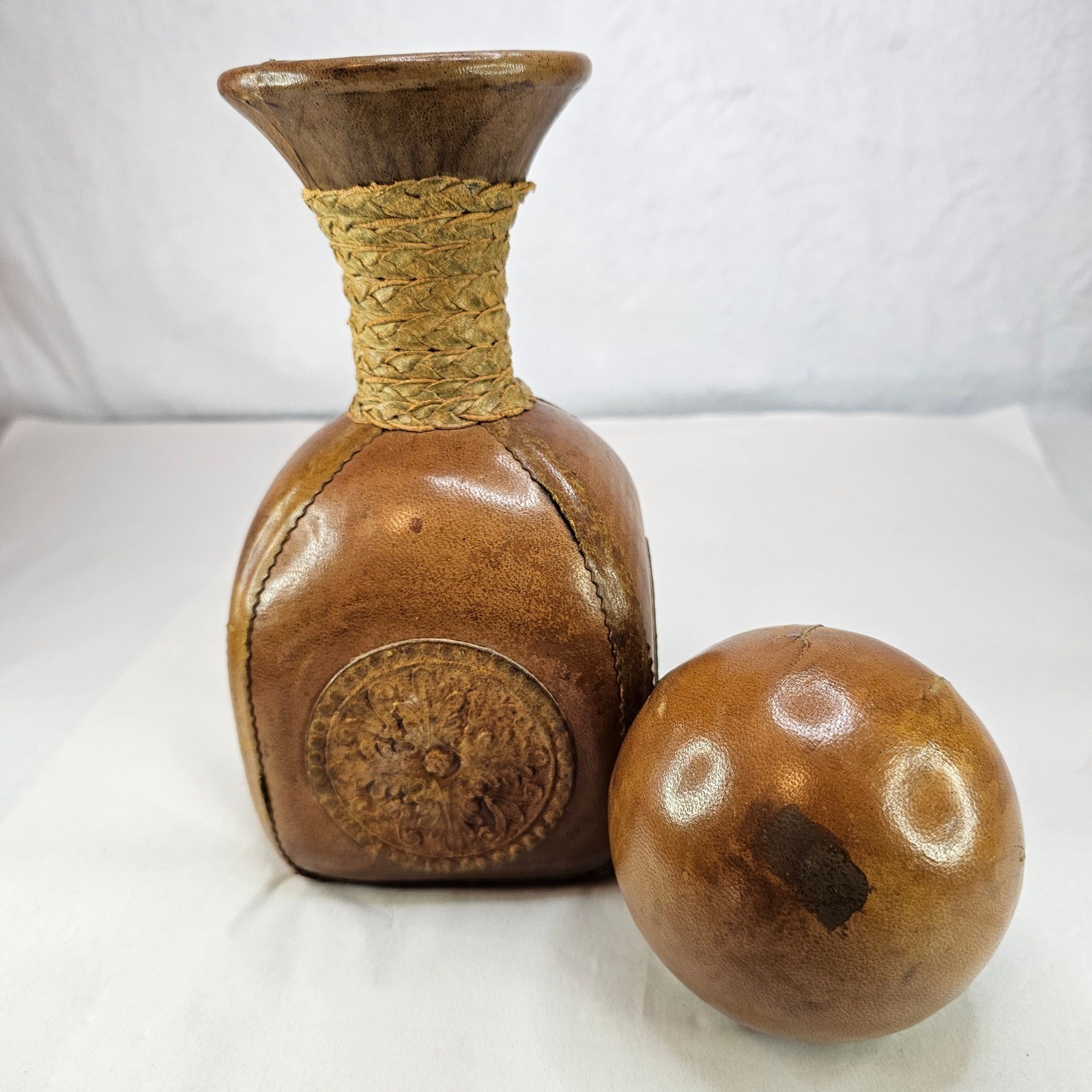 Vintage Brown Leather Decanter Bottle w/ Ball Stopper Rustic Neck Made in Italy