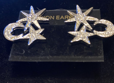 Vintage Karl Legerfeld Moon and Star Clip On Errings Silver Tone Signed