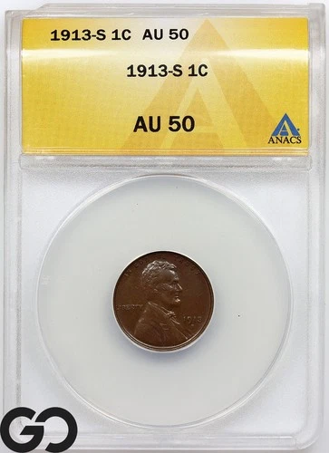 1913-S Lincoln Cent Wheat Penny ANACS AU 50 ** Scarce Straight Grade Better Date