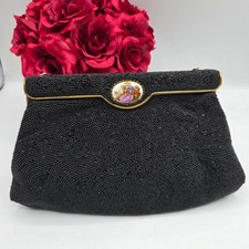 Vintage Black Micro Beaded Evening Bag Porcelain Romantic Cameo Clutch 1950s