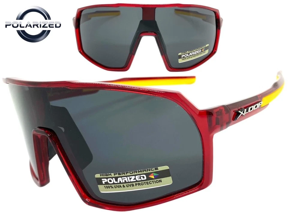 Sporty Biker Wrap Around Shield Fishing POLARIZED SUN GLASSES Large Red Frame - Image 2 of 4