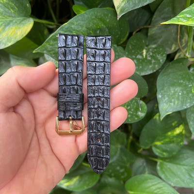 BLACK Double Hornback Genuine Leather Watch Band Wrist Strap Buckle Handmade