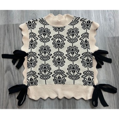 &merci Floral Jacquard Sweater Vest Cream Black Side Tie Bow Scallop Small