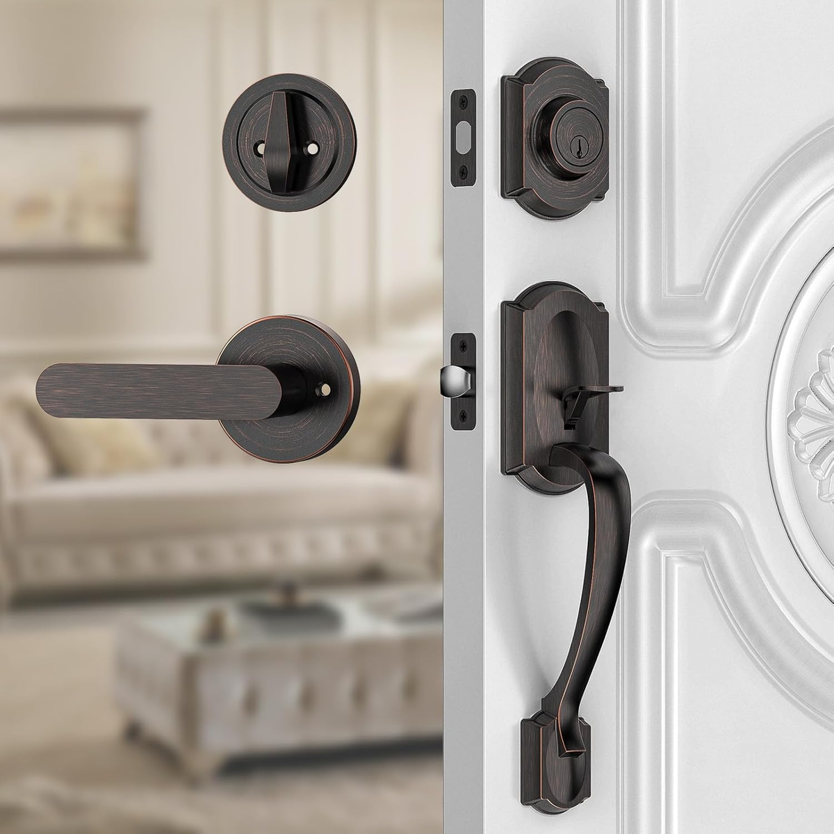 Vintage Oil Rubbed Bronze Front Door Lock Set with Reversible