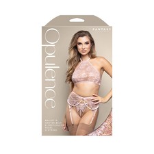 Fantasy Lingerie Lace Bralette Garter Belt Pearl Crotchless G-String Pink L/XL