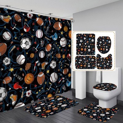 Jayden Madge 4PCS Sports Shower Curtain Set, Cartoon Basketball Soccer Baseba...