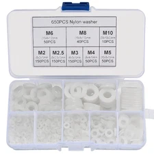 YOUYIDUN-650 Pcs White Nylon Flat Washer Assortment Kit, Round Flat Nylon Was...