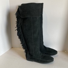 Minnetonka Black Suede Over-The-Knee Fringe Boots Women s Size 8 Excellent UC