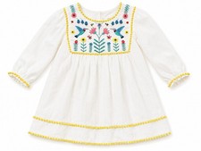 Mini Boden Girls' Embroidered White Cotton Dress with Yellow Trim