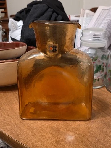 Vintage Blenko  Amber Art Glass Double Spout Water Bottle Carafe Pitcher MCM