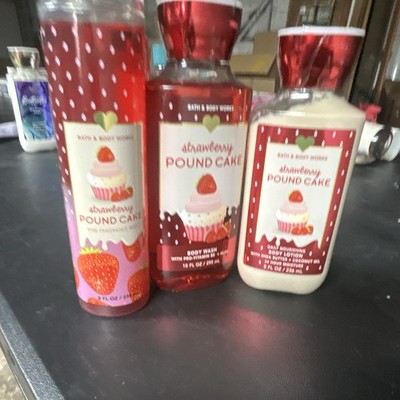 Bath & Body Works Strawberry Pound Cake Mist Wash Lotion Set 24 Hour Moisture