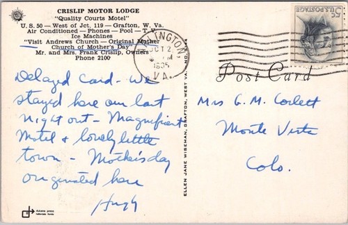 Postal de Grafton, Virginia Occidental CRISLIP MOTOR LODGE Highway 50 Roadside / 1965 - Imagen 2 de 2