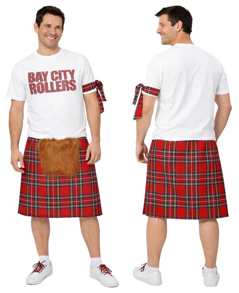 Adults Bay City Rollers T-Shirt & Red Tartan Kilt 1970s Rock & Pop