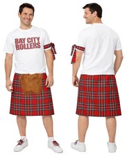 Adults Bay City Rollers T-Shirt & Red Tartan Kilt 1970s Rock & Pop Fancy Dress