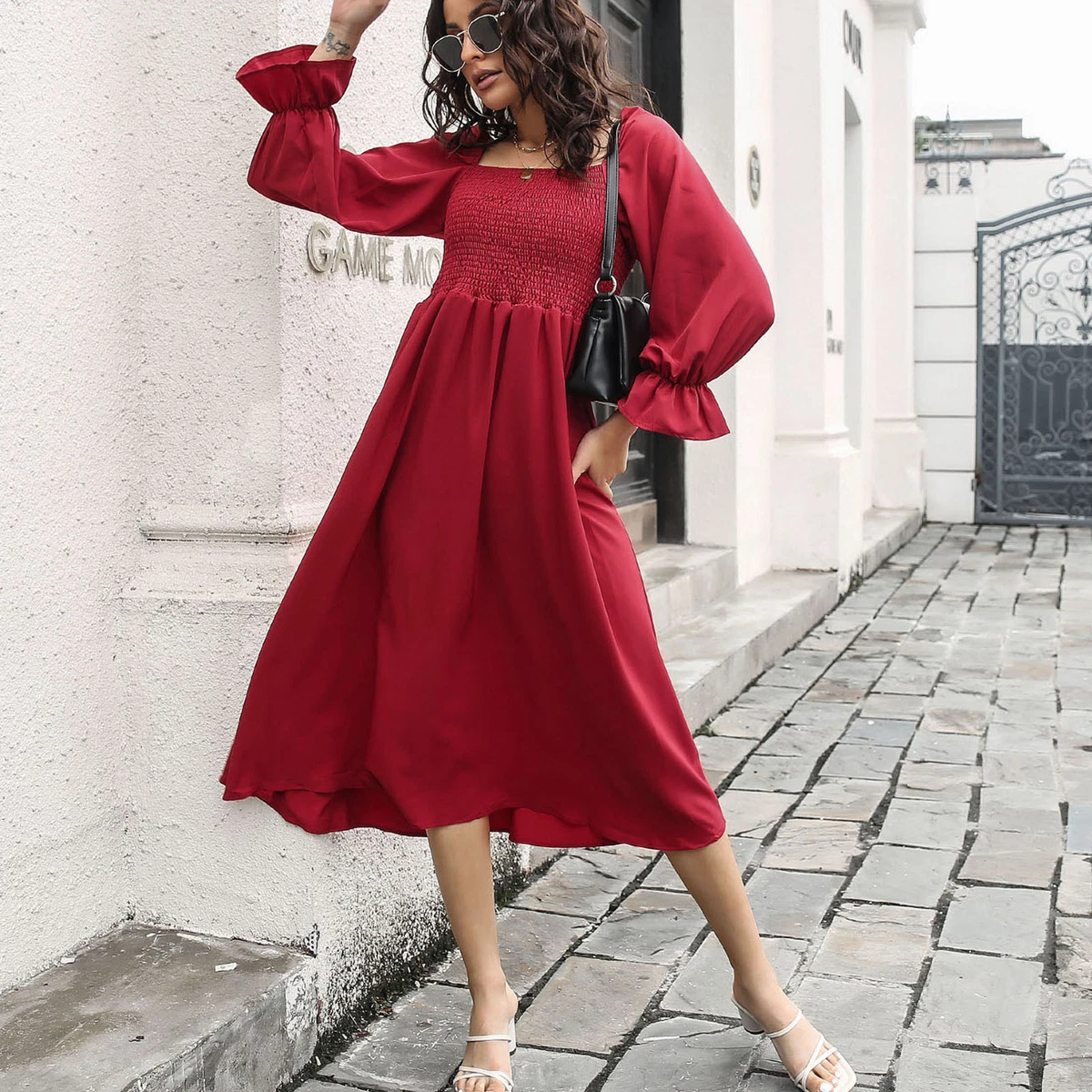 Red flare sleeve best sale dress