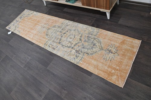 Vintage Turkish Runner Rug 2x7ft ORANGE Handmade Anatolian Oushak Hallway Wool