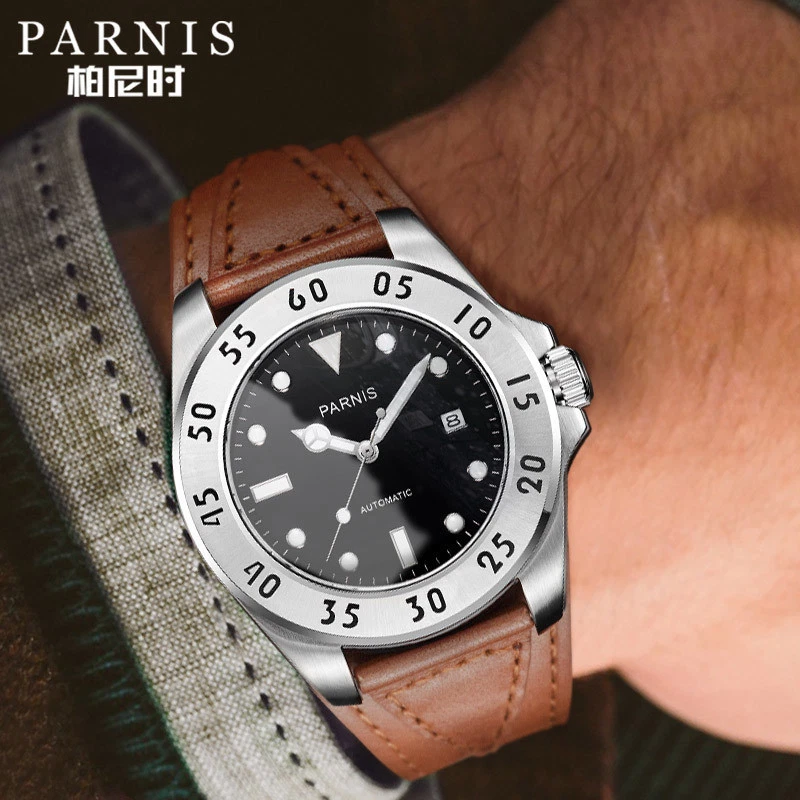 Автоматические мужские механические часы Parnis Sapphire Miyota черный циферблат кожаный ремешок - Изображение 2 из 4