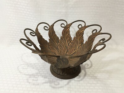 DECORATIVE METAL PEDESTAL BOWL / ROUND / LEAVES / 11'' DIAMETER / COPPER COLORED