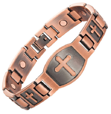 Bracelet Magnétique Cuivre Vintage Avec Croix Christus - Bijou Homme/femme - Fabriqué En France