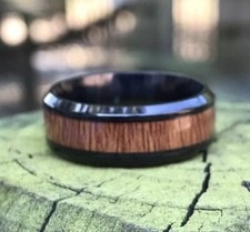 Bold Eye Catching Black Brown Wooden Band Ring Size 10 Wood Inlay