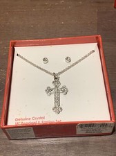 18 Inch CROSS PENDANT NECKLACE AND EARRING SET GENUINE CRYSTAL