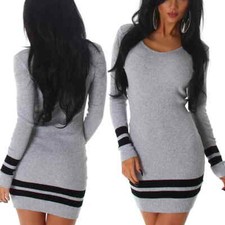 Damen Strickkleid Streifen Langarm Stretch gerippt Pulloverkleid 34 36 S