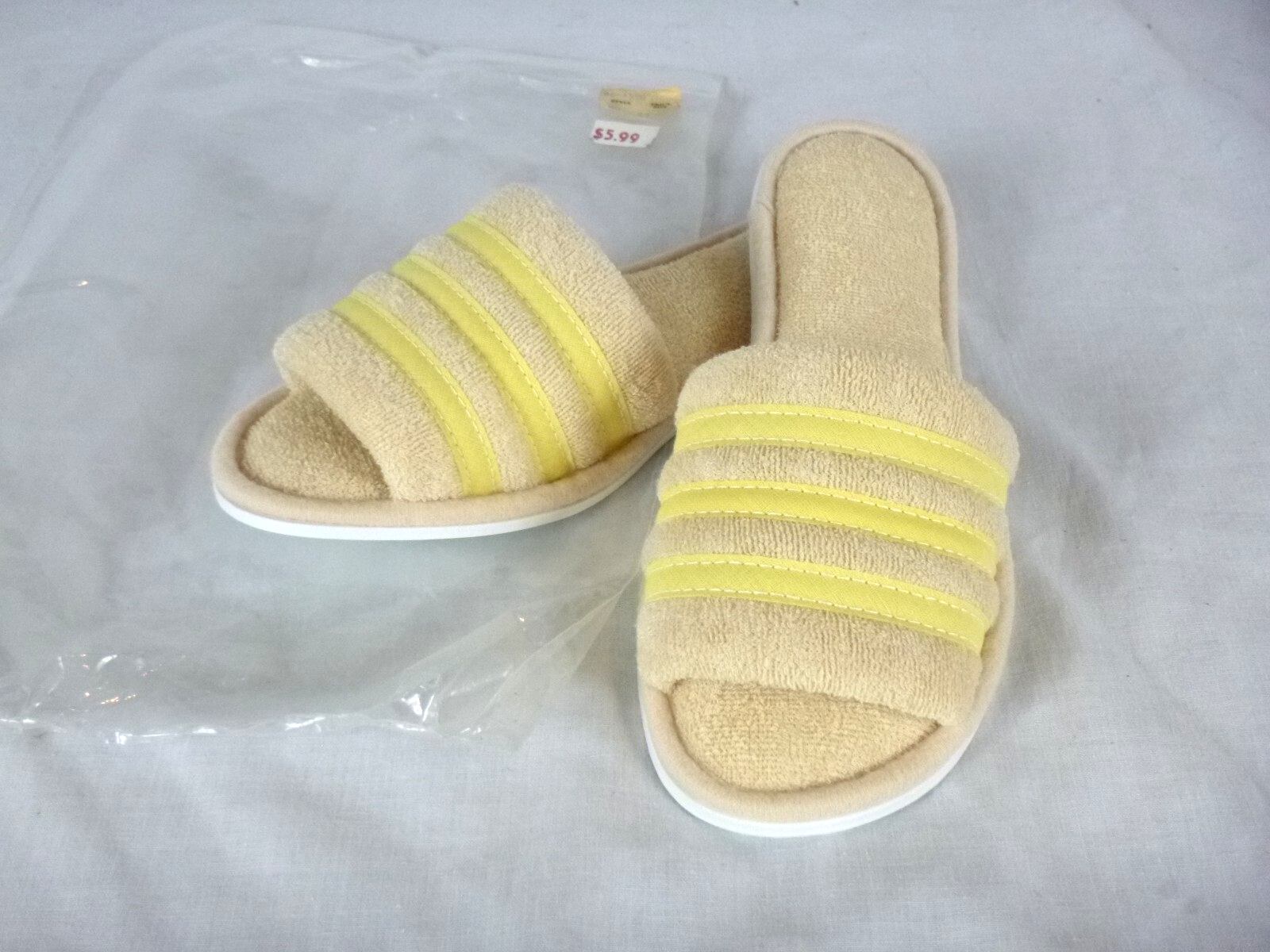 SAOLA NOS Vintage Fluff Scuff Terrycloth Pantofole Suola in Gomma Marrone con Strisce Gialle Taglia M