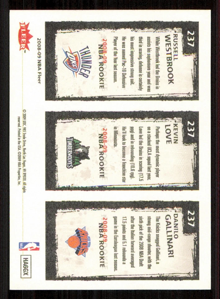 2008-09 Fleer #237 Russell Westbrook/Kevin Love/Danilo Gallinari - Image 2 of 2