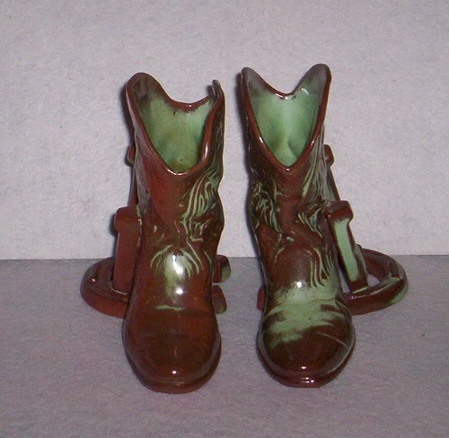 Frankoma #133 Western Boot Planter Vase Bookends Prairie Green 7"
