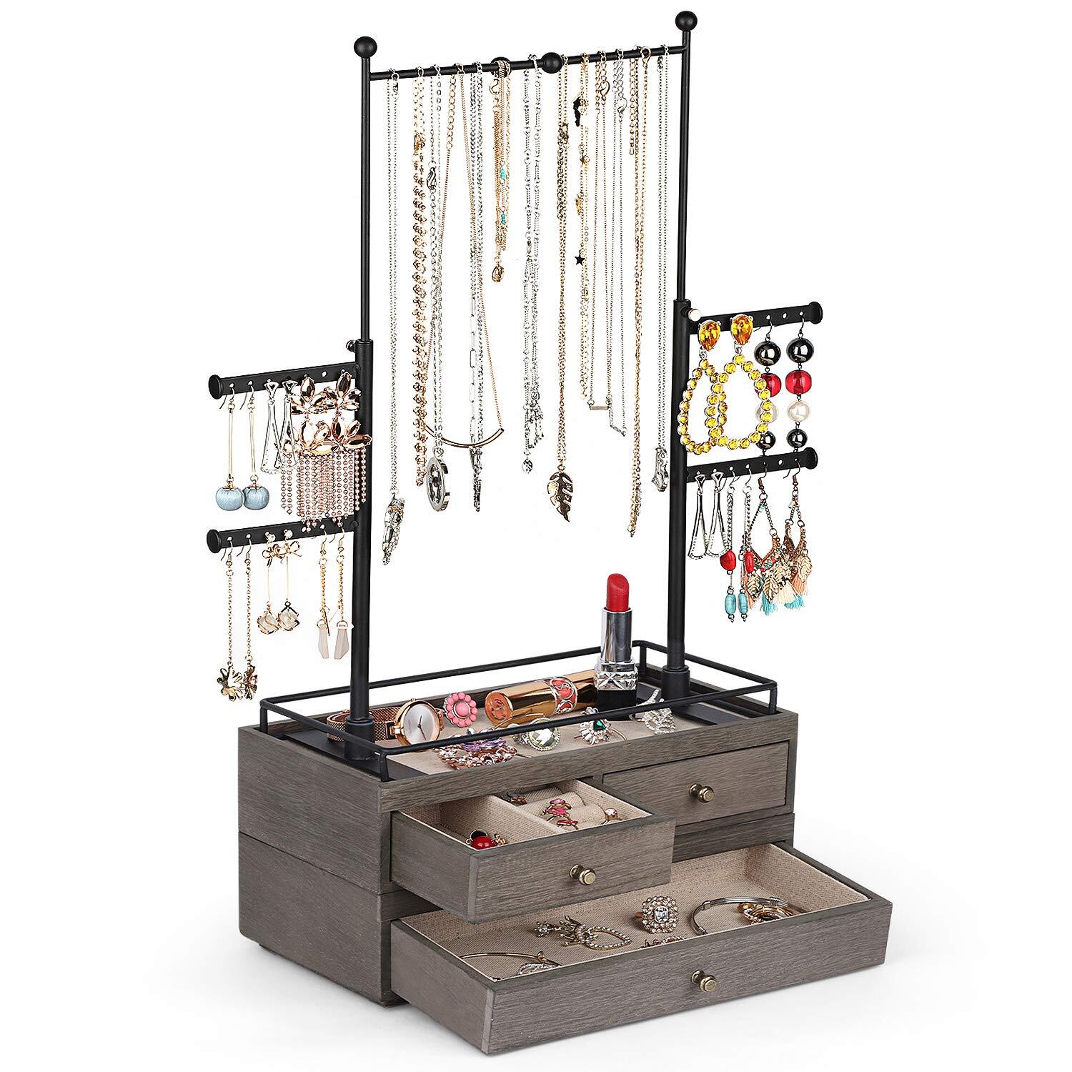 Jewelry Organizer - 2 Layer Wooden Jewelry Drawer Storage Box with 6 Tier Jew...-image