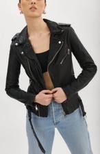 Lamarque Women’s Kiyoshi Leather Belted Biker Black Jacket Size X-small